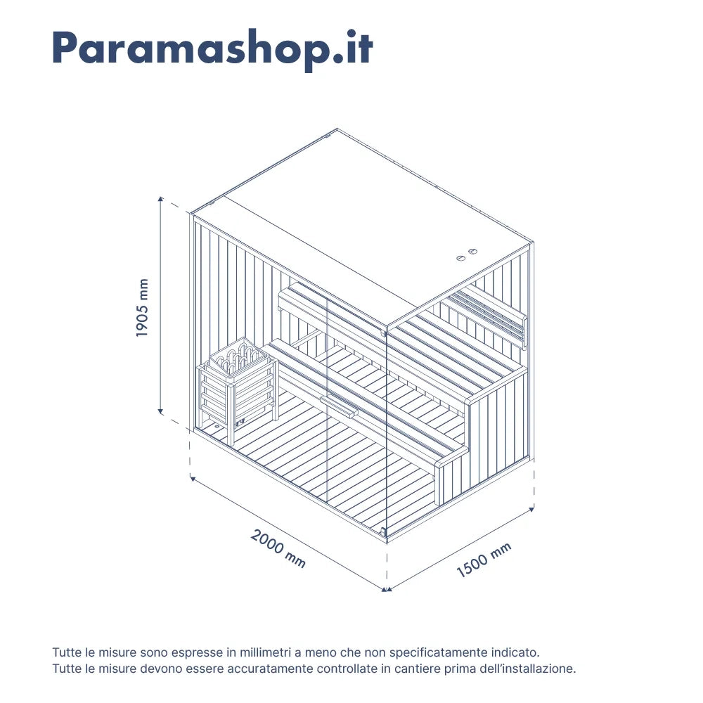 Sauna finlandese da interno 3-4 persone 200x150cm h190 in legno di abete | Kivi