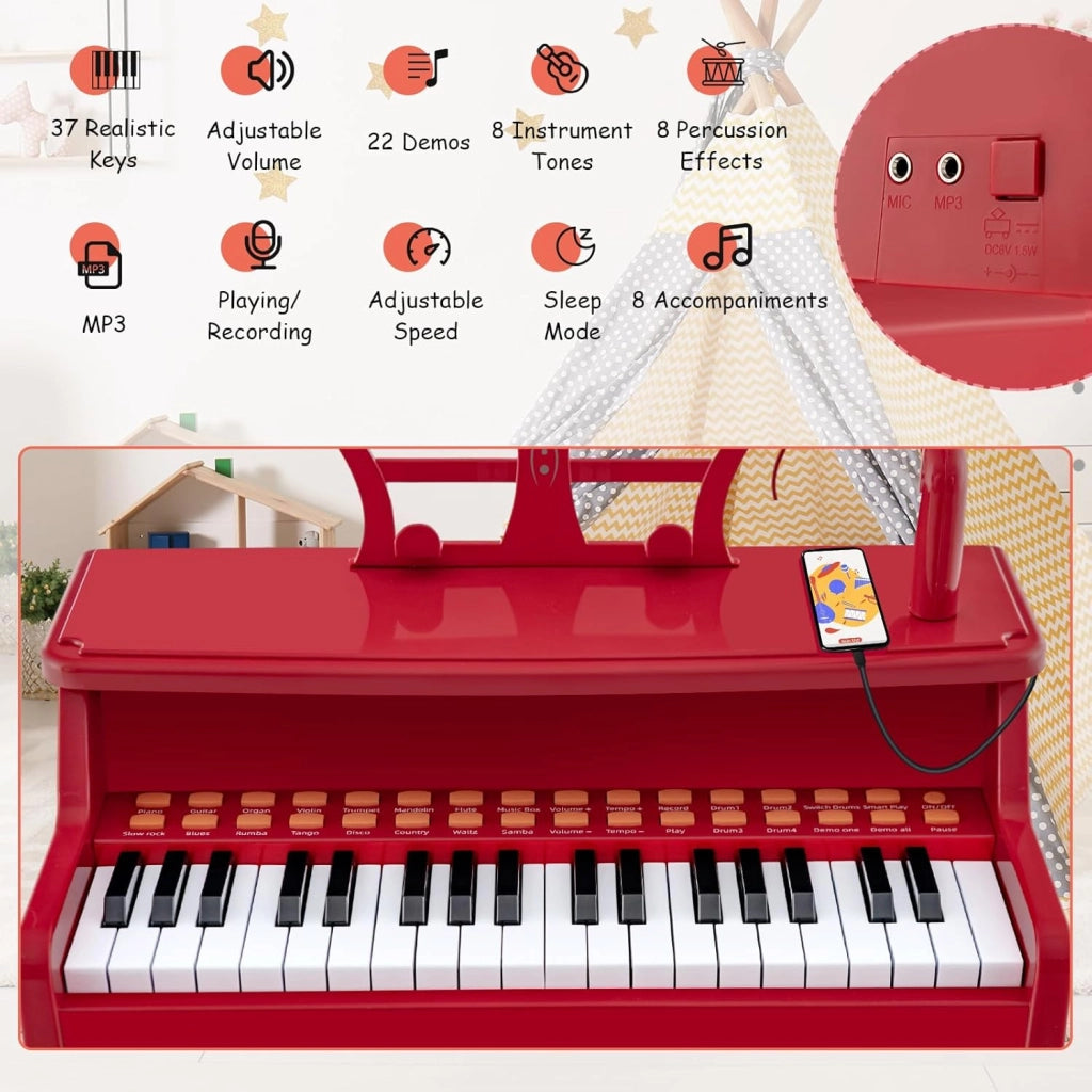 Pianola Bambini Musicale Tastiera, Tastiera Digitale a 37 Tasti, Mini Tastiera per Bambini con Effetti Luminosi e Microfono, Strumenti Musicali con Sgabello, 22 Battiti/8 Toni/8 Ritmi, Rosso
