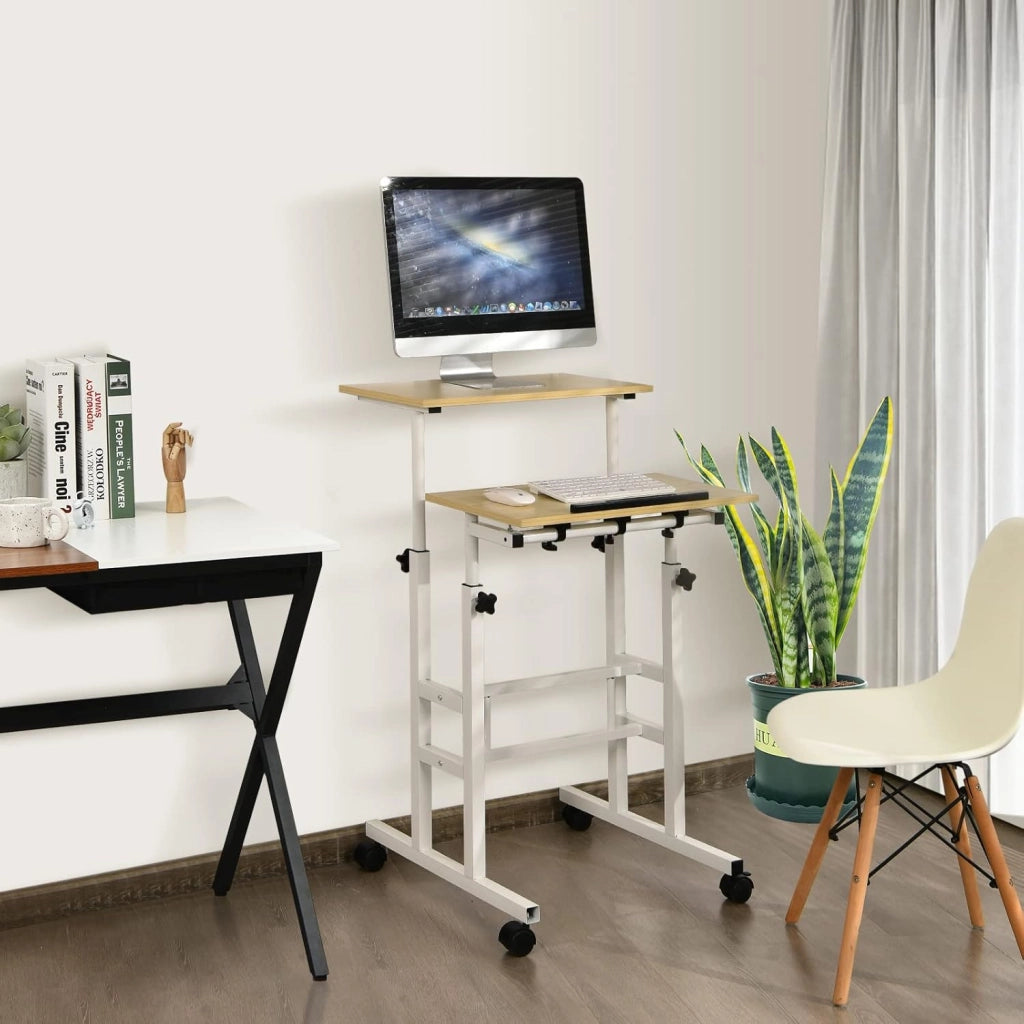 Scrivania Seduto ad Altezza Regolabile, Scrivania Informatica a 2 Livelli su Ruote, Telaio in Acciaio Rinforzato, 3 Colori (Naturale)