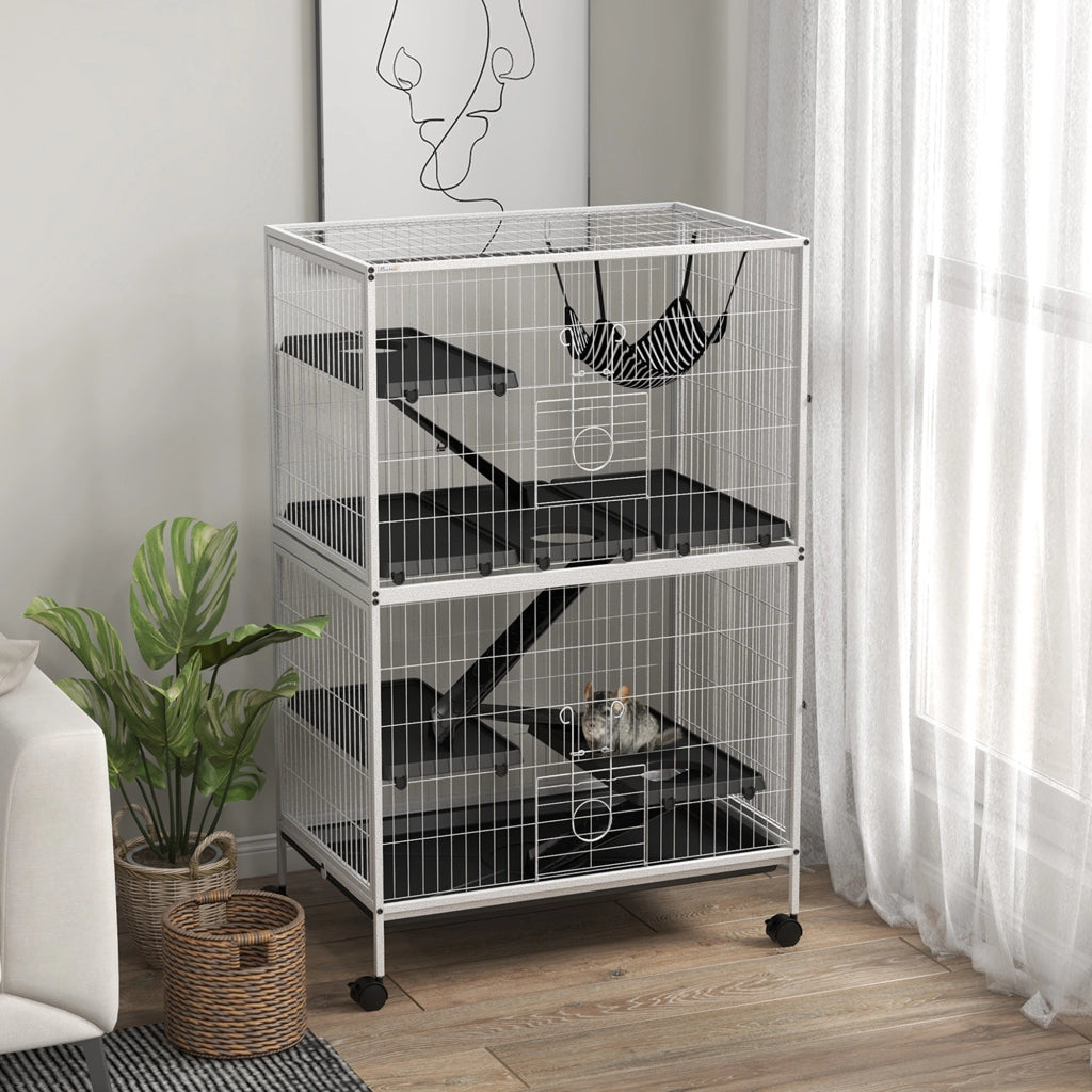 Gabbia per Piccoli Animali con Ruote, Rampa, Amaca e Vassoio Estraibile - Zephmum - Bianco 80x52x128 cm