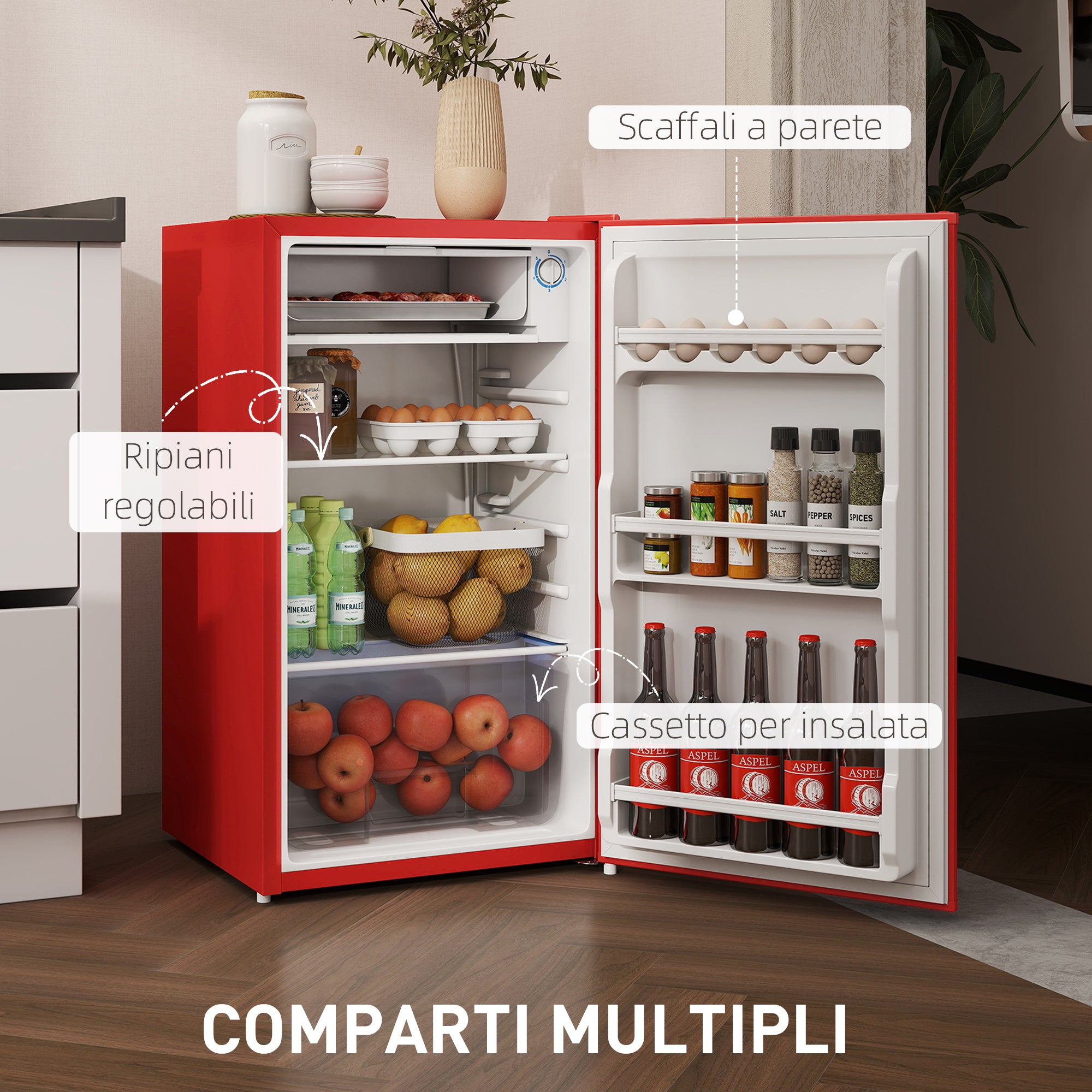 Frigorifero Piccolo 91L MonoPorta Reversibile con Congelatore e Temperatura Regolabile Rosso