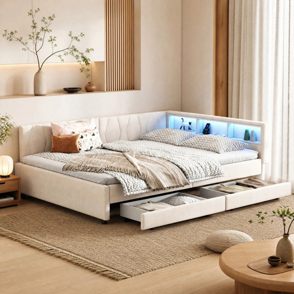 LETTO da giorno 140x200 cm beige in lino e MDF con USB+Type C e LED