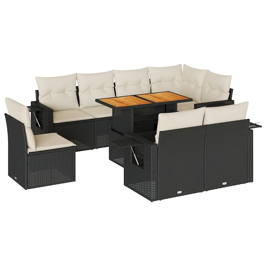 Set Divani da Giardino 9 pz con Cuscini Nero in Polyrattan 3327164