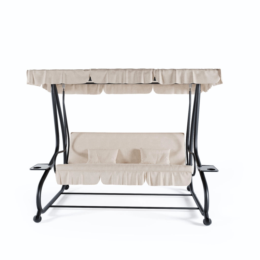 Dondolo Da Giardino 3 Posti Trasformabile In Letto Con Schienale Reclinabile Tetto Parasole Orientabile Cuscinatura Comfort Per Terrazza Balcone Patio E Outdoor Relax 200 x 120 x 160 Cm Beige