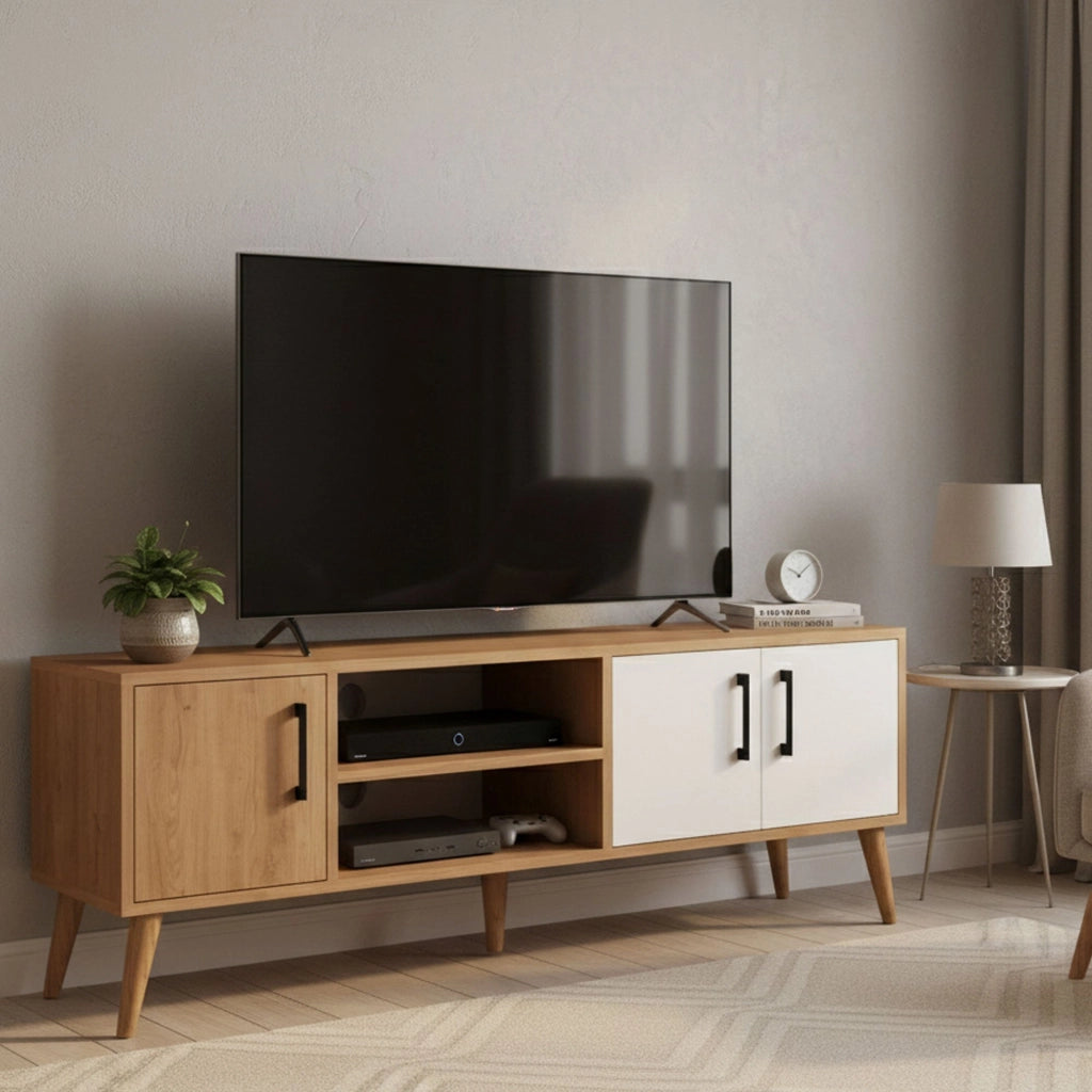 Brugine, Mobile Porta tv un Ripiano, 150x34x52h cm Marrone Quercia