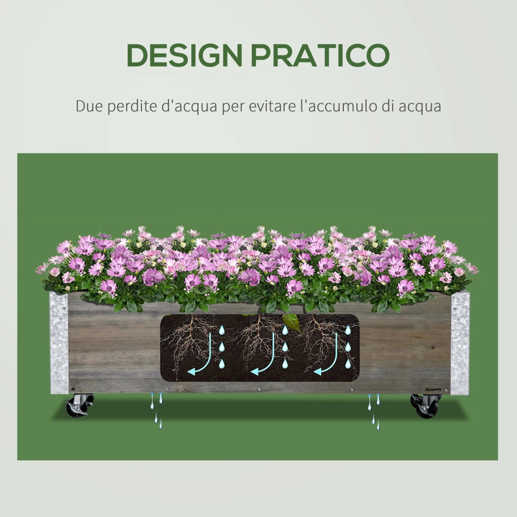 Fioriera Rettangolare 96x30,6x30 cm con Ruote e Freno in Legno di Abete Grigio