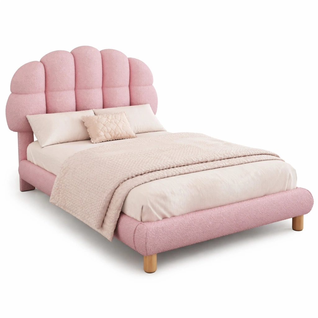 Letto singolo imbottito 90x200 cm in Bouclé e MDF, colore rosa, con rete a doghe in legno