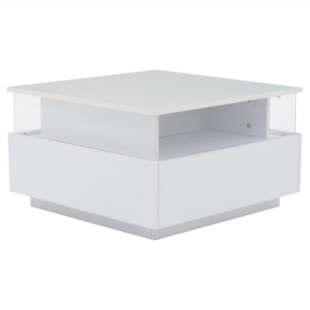 tavolino basso moderno con LED, due cassetti e area trasparente in truciolare bianco per soggiorno