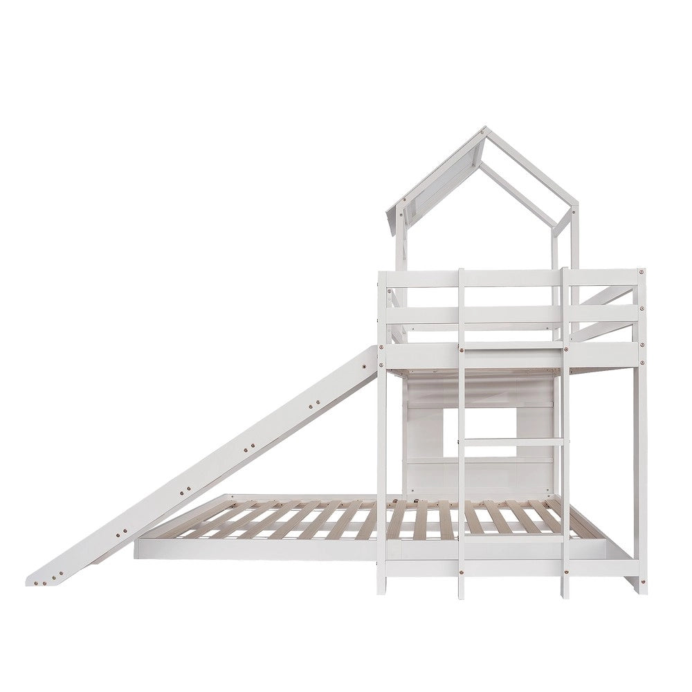 Letto a Castello con Scivolo e Tetto ¨C MINIMAL ¨C Pino/MDF, Bianco, 90x200 / 140x200