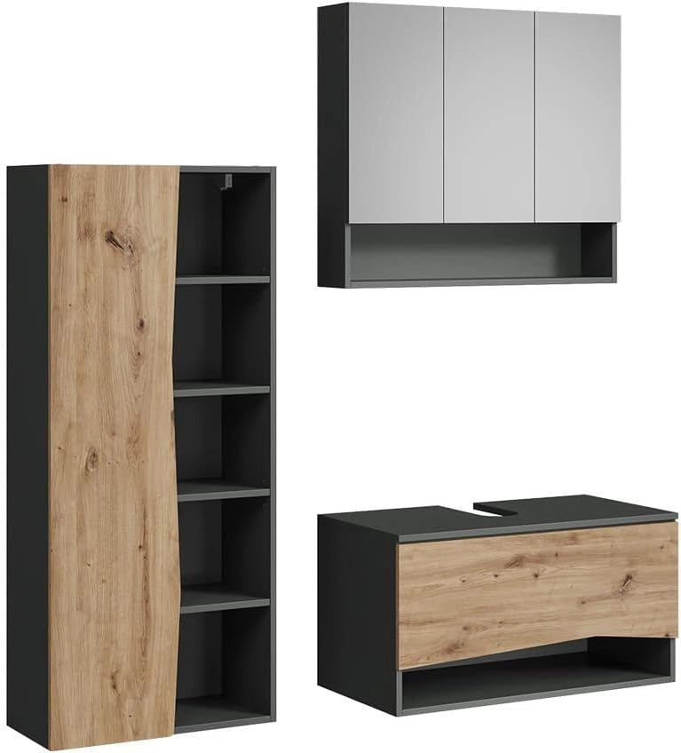 Set di mobili da bagno Willow, Artigiano, 80 cm, composto da mobile sottolavabo, specchiera e colonna alta