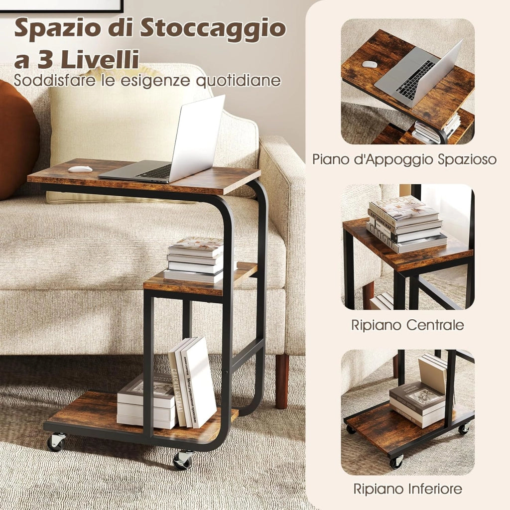 Tavolino Laterale a Forma di C, Tavolino da Salotto con Ruote Bloccabili, Ripiani Aperti e Struttura in Metallo, Tavolino Salvaspazio per Camera da Letto e Soggiorno (2)