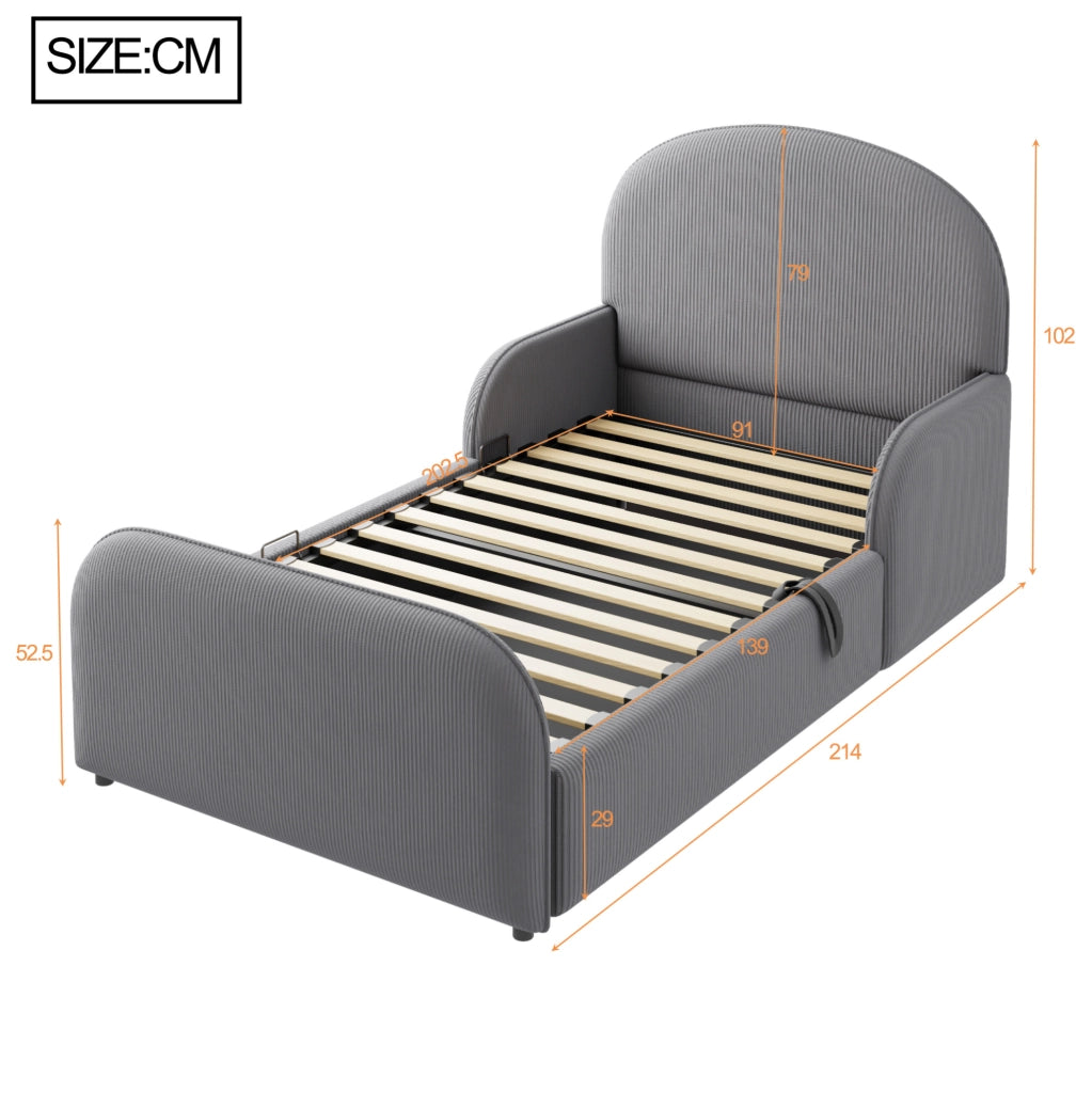 Letto imbottito 90x200 cm con contenitore idraulico; testiera alta in velluto grigio