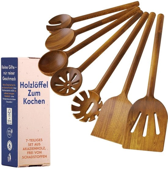 Set di cucchiai in legno - insieme di 7 cucchiai in legno di acacia, senza adesivi e realizzato in un unico pezzo, aiuti naturali per la cucina con superficie vegetale, liberi da sostanze dannose - Ziruma
