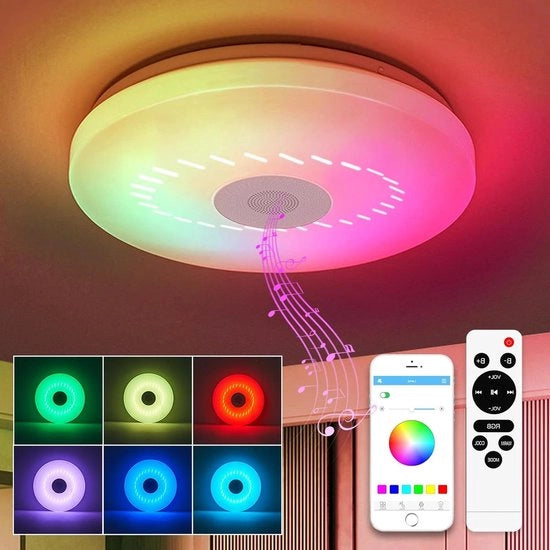 Lampada da soffitto LED con altoparlante Bluetooth e funzionalità RGB - Colori regolabili, telecomando e app - Ideale per feste di famiglia, Natale e camera da letto