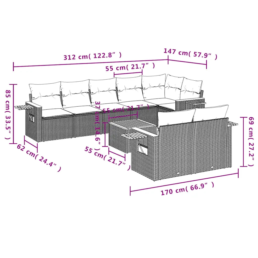 Set Divani da Giardino 9 pz con Cuscini Nero in Polyrattan