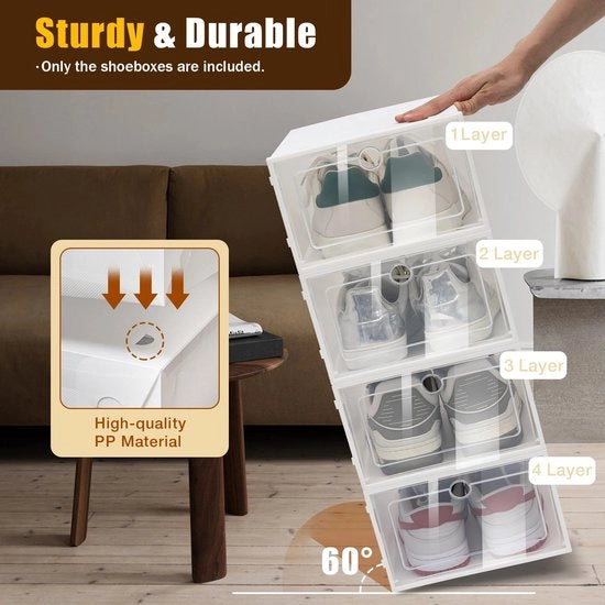 24 contenitori per scarpe in plastica trasparente, opvougbile, grande, bianchi, con porta trasparente, da 24 pezzi, da accumulare