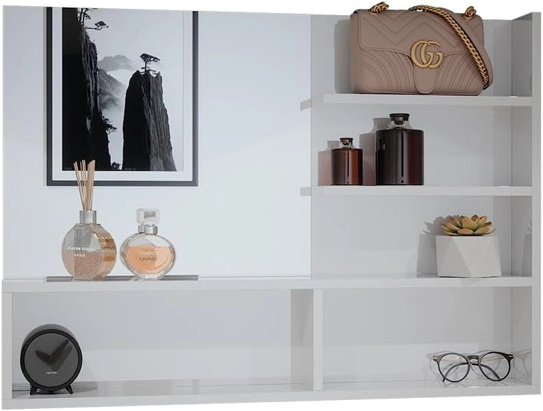 Specchio bagno, Bianco lucido, 89.8 x 65 cm con scomparti aperti, con cinque ripiani aperti per la conservazione degli accessori da bagno
