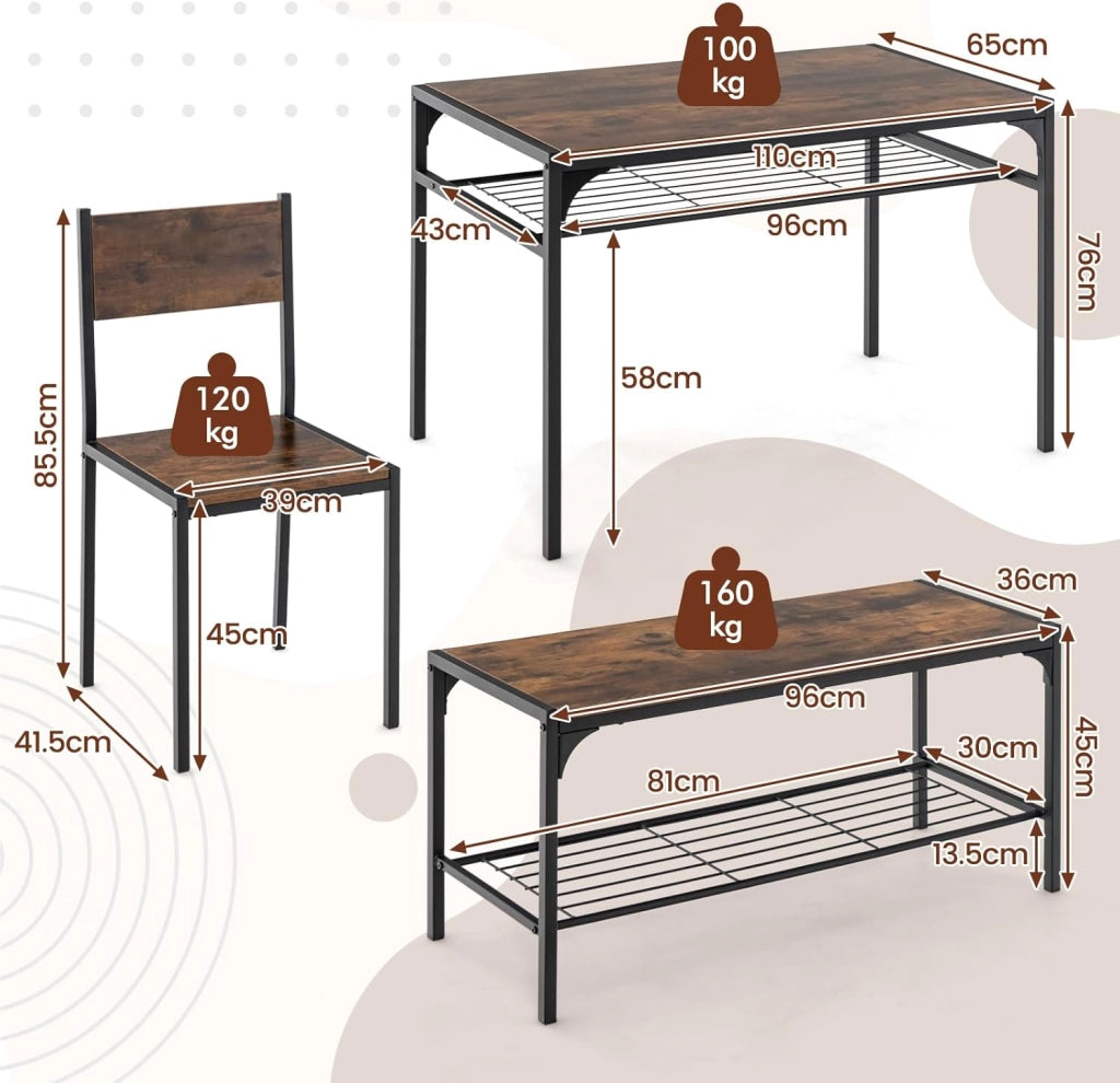 Set di tavolo da pranzo per 4, tavolo rettangolare con 2 sedie, 1 panchina, mensole, telaio in metallo resistente, set da pranzo da 4 pezzi, sala da pranzo, cucina (marrone rustico)