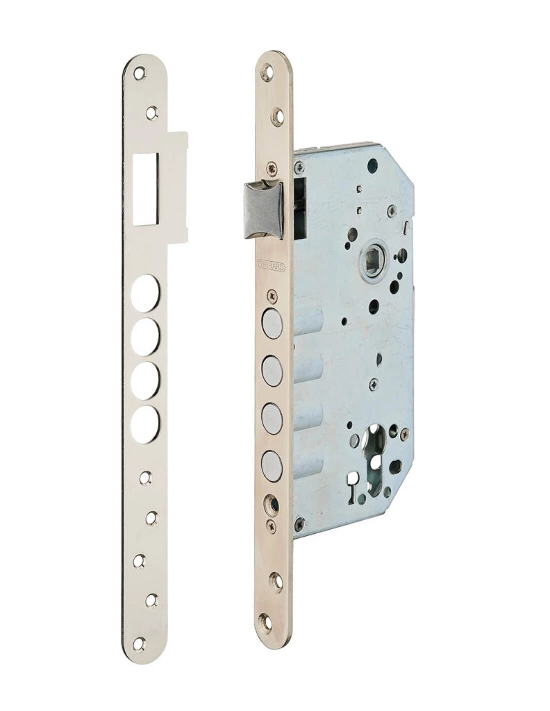 Serratura da incasso per cilindro europeo, asse 60 mm, con borchia, cromata – THIRARD