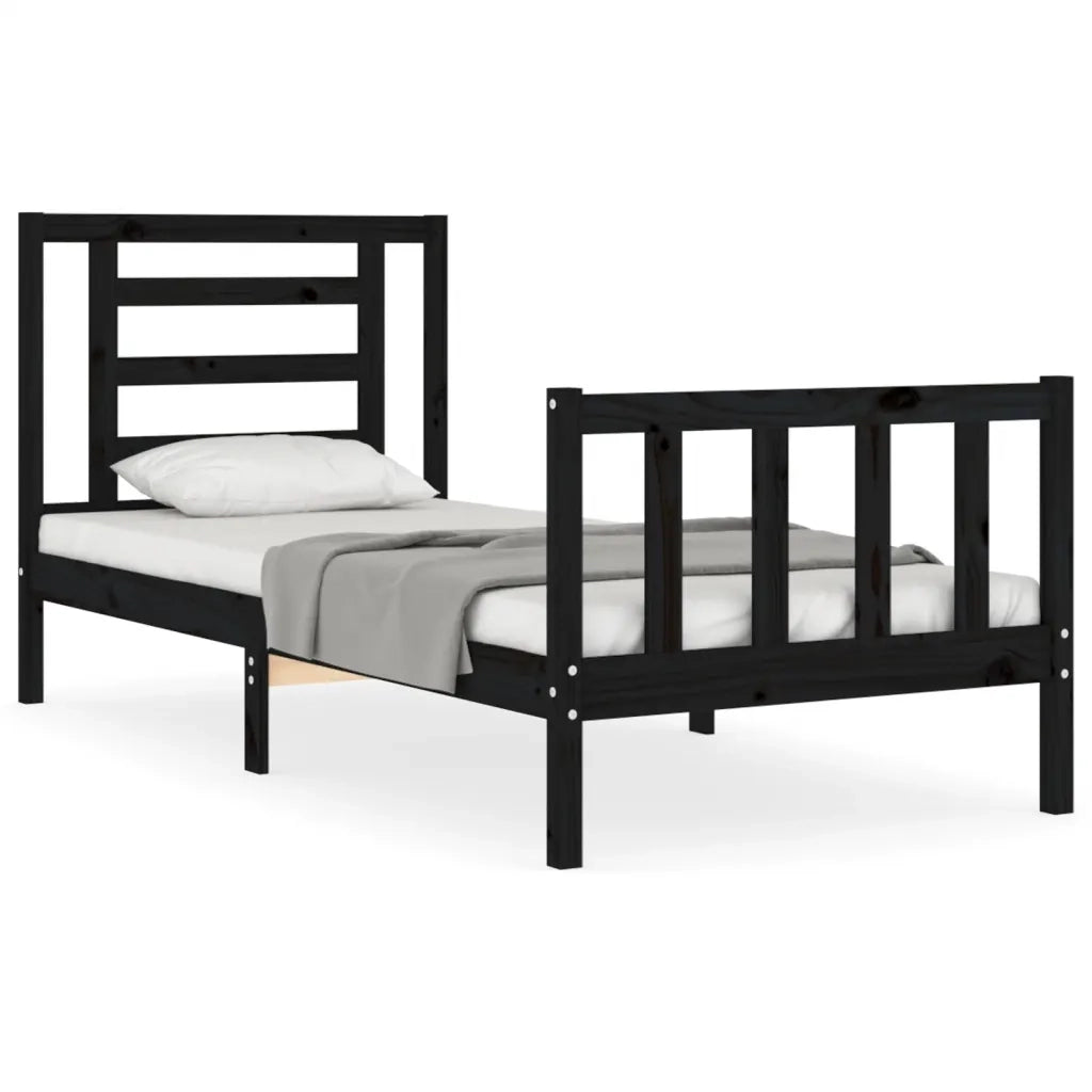 Letto singolo | Letto per adulti | Giroletto con Testiera Nero Small Single in Legno Massello