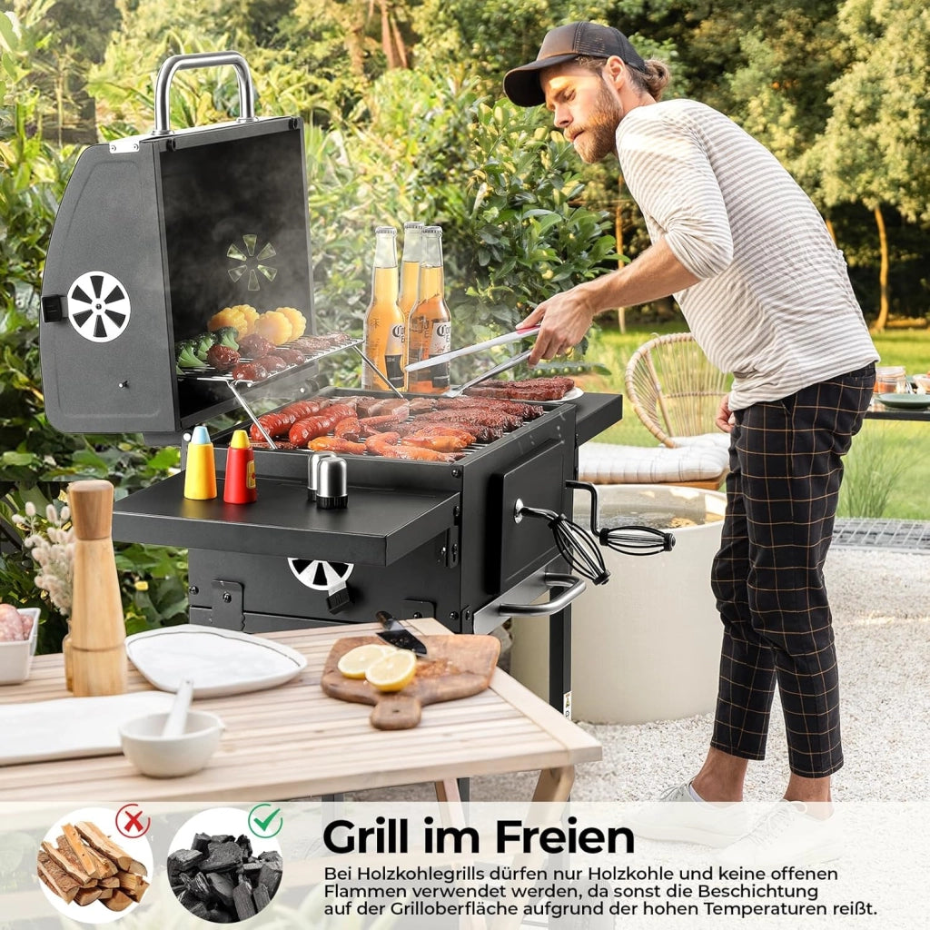 Barbecue Carbonella L, Barbecue a Carbonella con Coperchio, Griglia per Barbecue con 2PCS Ruote, Termometro, BBQ Smoker con Carrello per Campeggio, Giardino