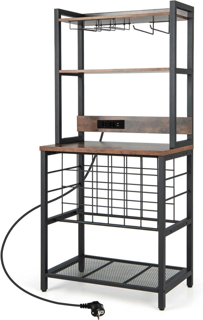 Scaffale per vino con prese e USB per 24 bottiglie e tazze, mensola da cucina a 5 Ripiani con piano di lavoro, scaffale multiuso per più dispositivi, portabottiglie per vino 76 x 48 x 163 cm