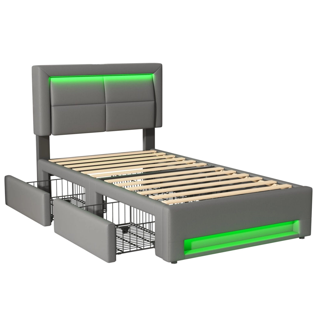 Letto imbottito 90x200 cm in PU grigio con USB; illuminazione LED e 4 cassetti