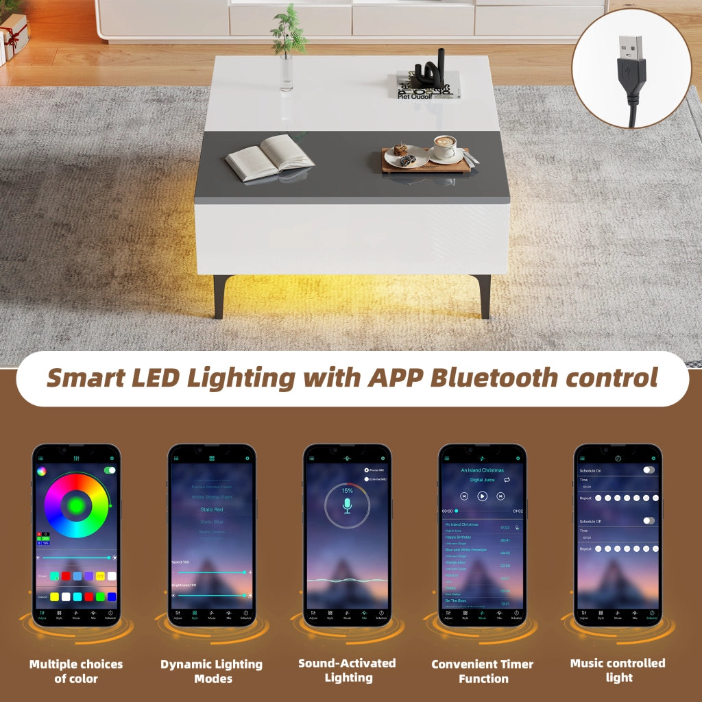 Tavolino alzabile con LED; vani e cassetto - per soggiorno - MDF - 70×70×35 cm - bianco