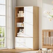 Armadio con porta scorrevole, struttura semiaperta con asta appendiabiti e 2 cassetti, 90×50×180 cm, MDF, Naturale/Bianco