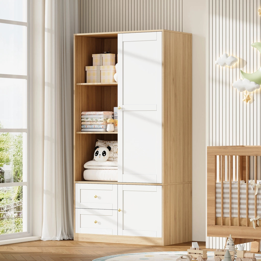 Armadio con porta scorrevole, struttura semiaperta con asta appendiabiti e 2 cassetti, 90×50×180 cm, MDF, Naturale/Bianco
