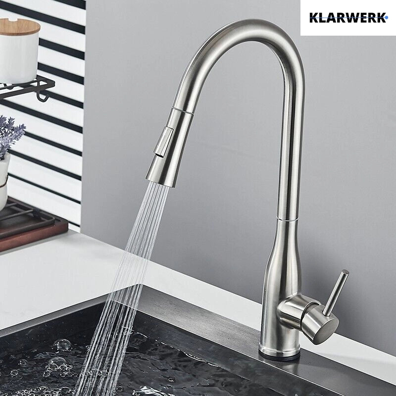 JANA | Rubinetto da cucina estensibile Premium in acciaio inox argento spazzolato | Rubinetto miscelatore ad alta pressione girevole a 360° 2 attacchi