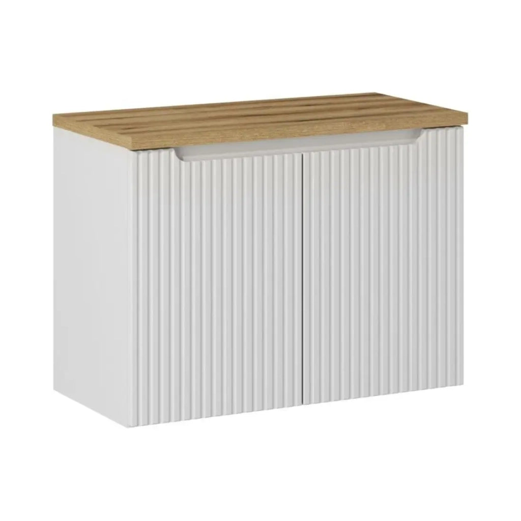 Set da bagno VANO bianco 80cm: mobile sotto lavabo con armadietti scanalati + piano per lavabo in aspetto rovere chiaro