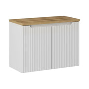 Set da bagno VANO bianco 80cm: mobile sotto lavabo con armadietti scanalati + piano per lavabo in aspetto rovere chiaro