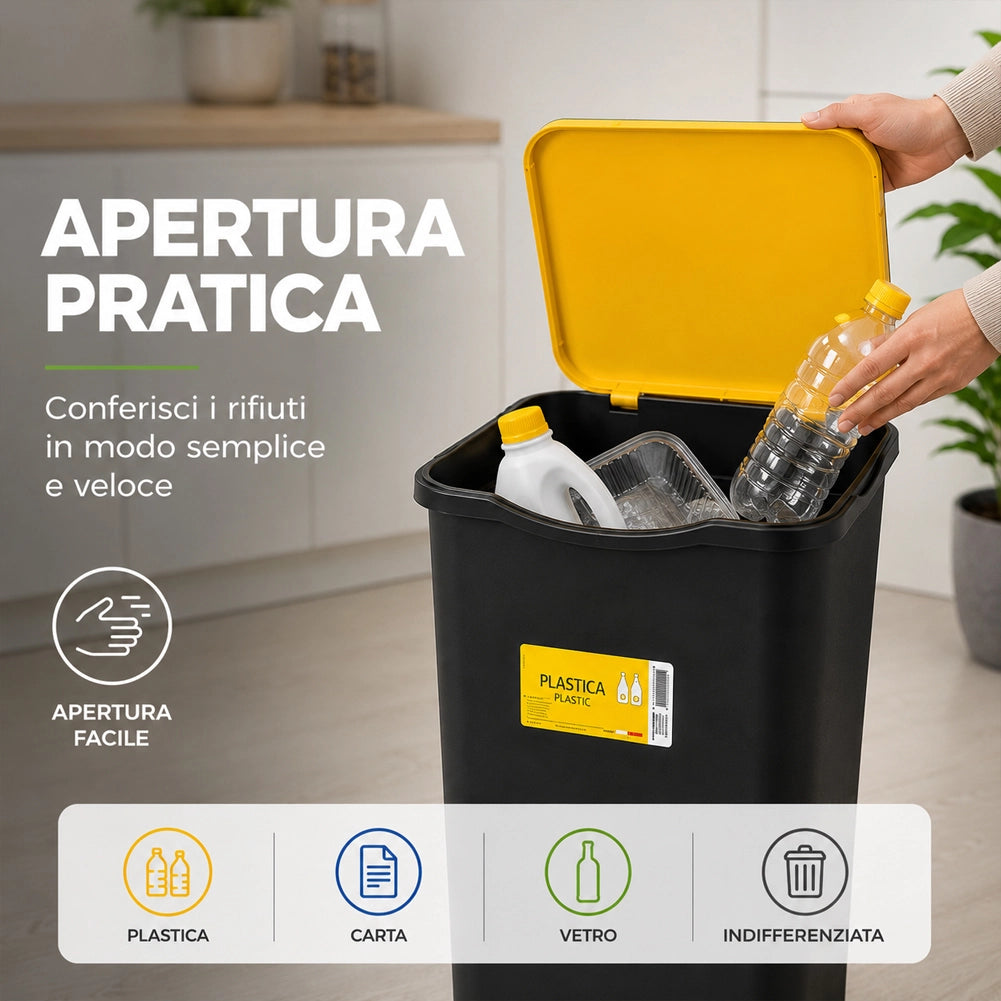 Set 4 Pattumiere Bidoni Raccolta Differenziata Spazzatura da 50 L 37.5x36x62 cm