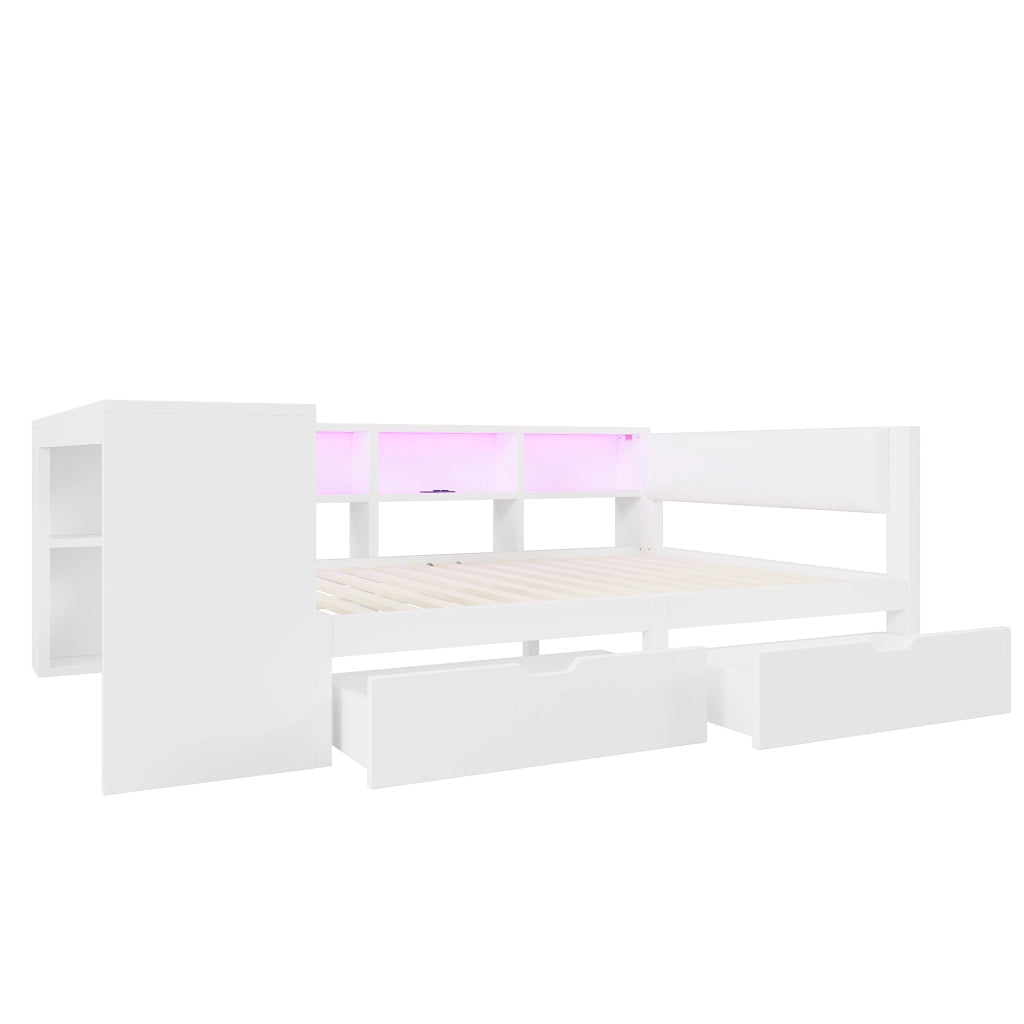 Letto per adulti 140 × 200 cm con testiera imbottita, ripiani, 2 cassetti, prese USB e LED, senza materasso, bianco