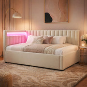 Divano letto imbottito con LED; vano contenitore idraulico; 90x200 cm; velluto beige