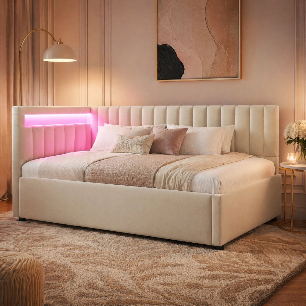 Divano letto imbottito con LED; vano contenitore idraulico; 90x200 cm; velluto beige