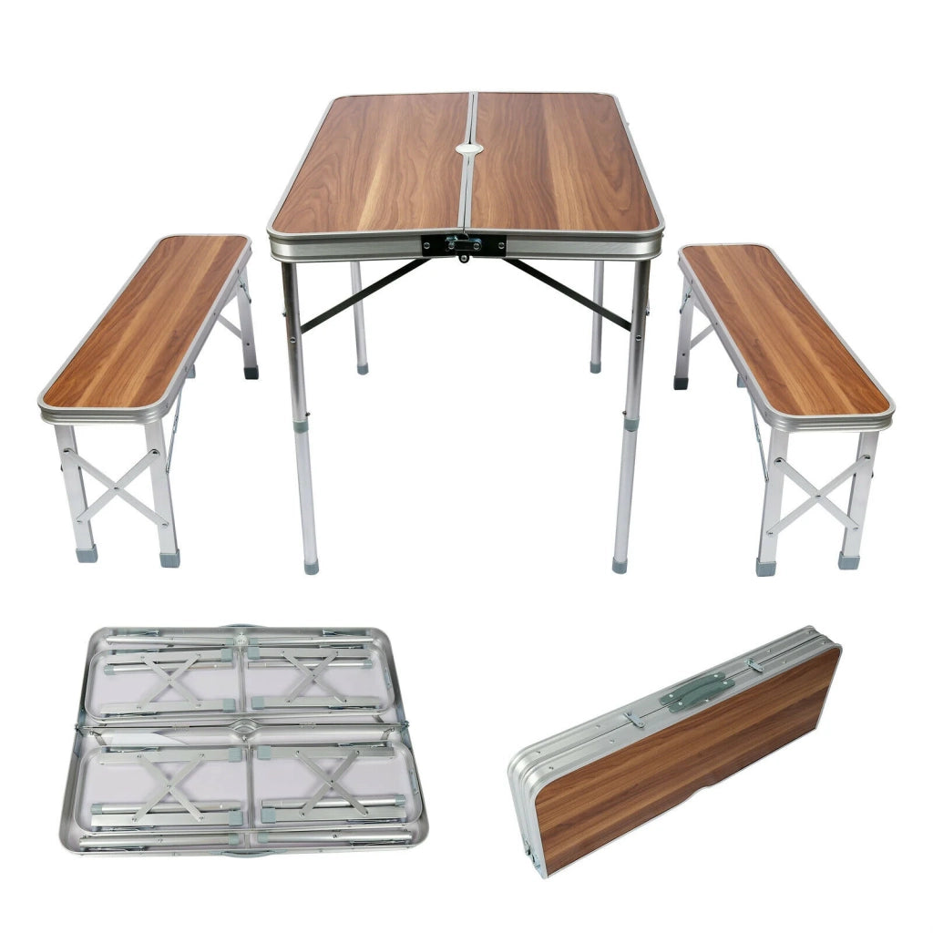 Tavolo valigia pieghevole in alluminio 2 panche tavolo da campeggio finitura 90 cm in legno barbecue party 16_0002497