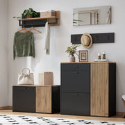 Set ingresso 5 pezzi con armadio scarpe; panca; specchio e appendiabiti; rovere naturale e nero