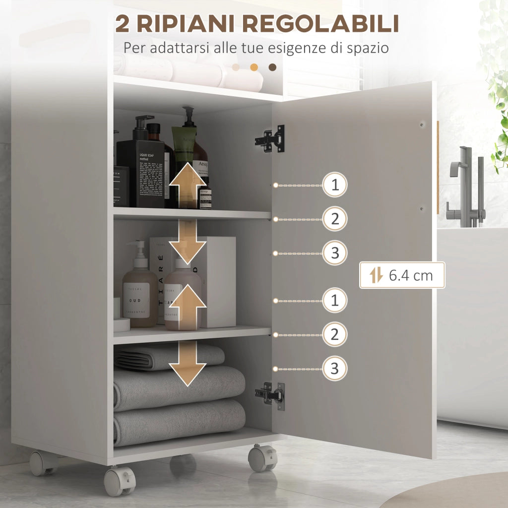 Mobiletto Bagno con Vassoio Rimovibile, Ripiano Aperto e Armadietto Chiuso, in Truciolato, 40x30x88 cm, Bianco