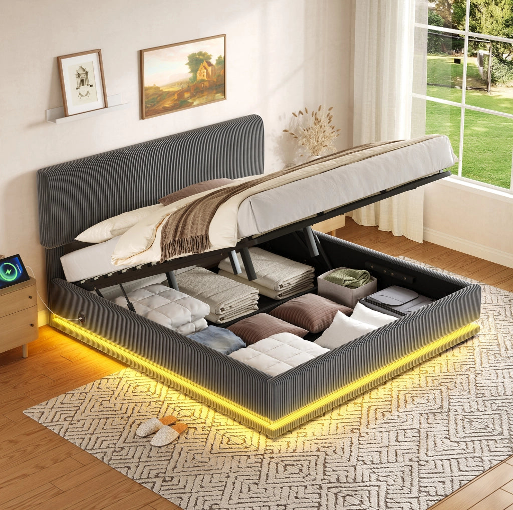 Letto imbottito 180x200 cm grigio scuro in velluto a coste con LED e USB-C