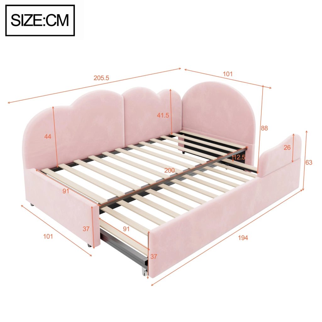 Letto imbottito L con letto estraibile e testiera a forma di nuvola in velluto rosa per camera da letto