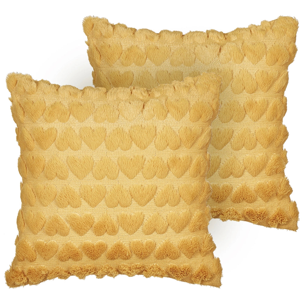 Set di 2 cuscini in poliestere ricamati con motivo a cuoricini giallo 45 x 45 cm morbida imbottitura