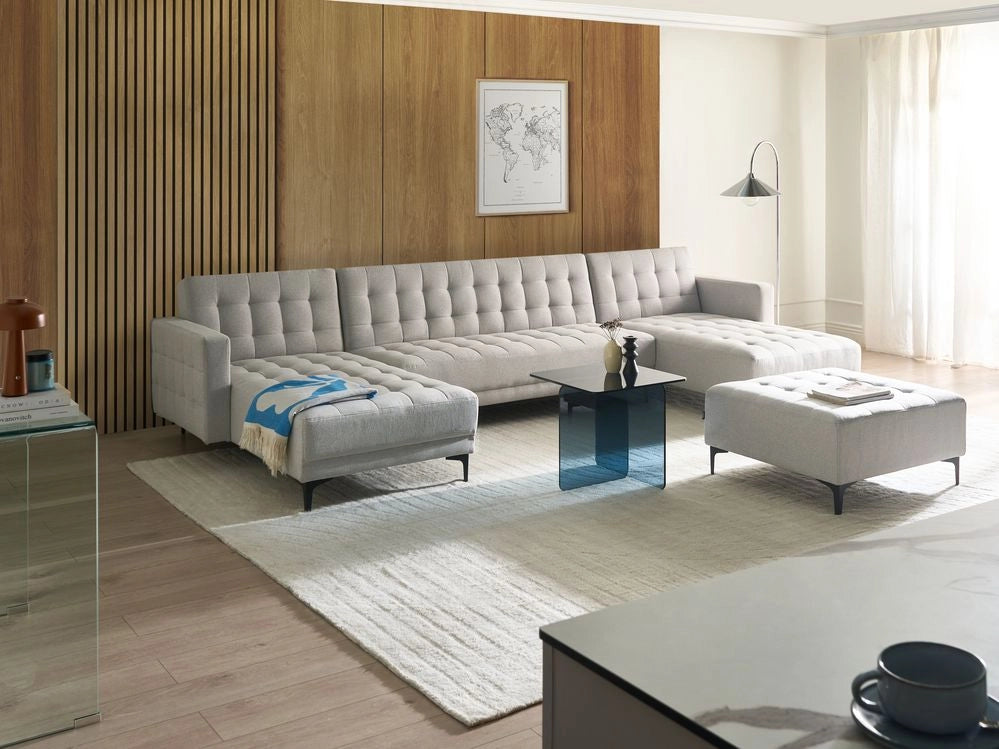 Divano letto ad angolo in tessuto trapuntato in velluto grigio chiaro moderno a forma di U componibile a 5 posti con chaise longue