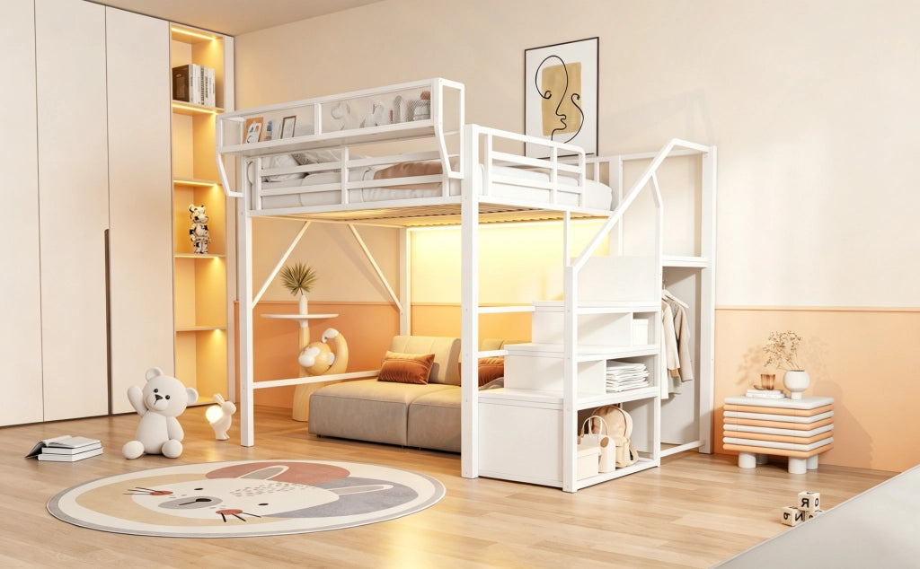 Letto a soppalco 140 × 200 cm con led, scaletta di sicurezza e ripiani, senza materasso, metallo bianco