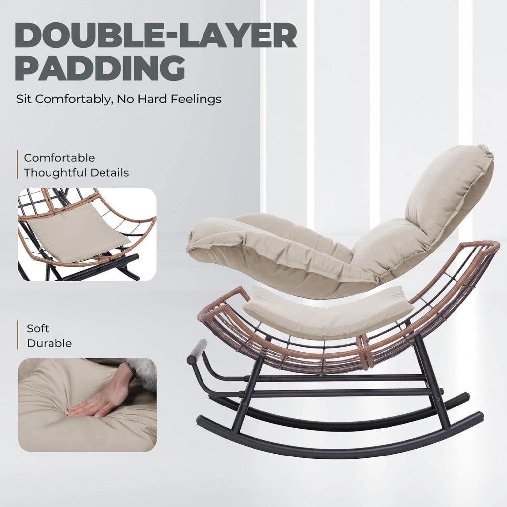 Sedia a dondolo, poltrona relax, struttura in acciaio, poggiapiedi estraibile, portata fino a 136 kg, per dormire, soggiorno, terrazza, giardino, beige