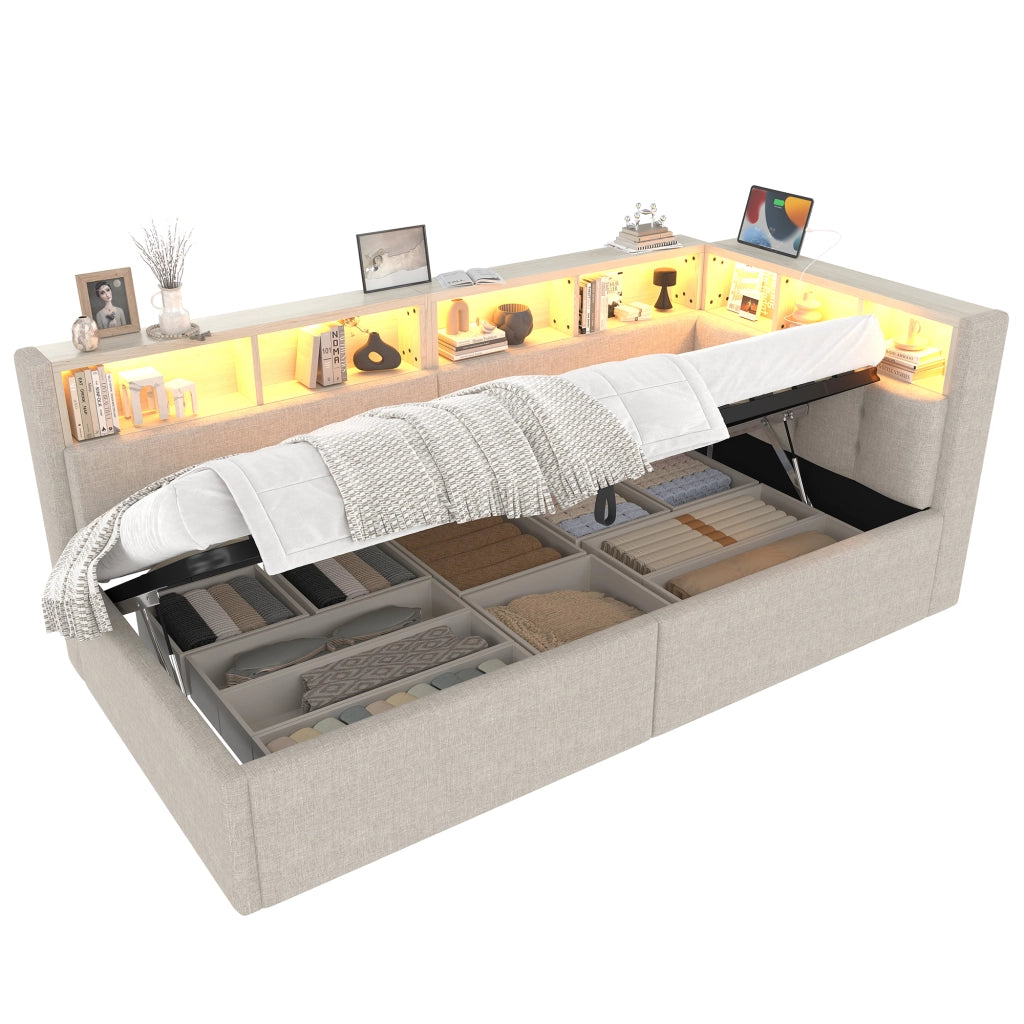 Tagesbett con funzione di stoccaggio idraulica in lino beige 90x200 cm