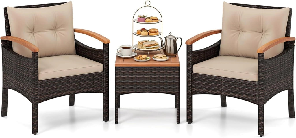 Set di Mobili a 3 Pezzi, Set da Bistrot in Rattan per Esterni con Tavolino, Cuscini Morbidi, Set da Conversazione in Legno d'Acacia per Patio, Cortile, Bordo Piscina (Grigio)