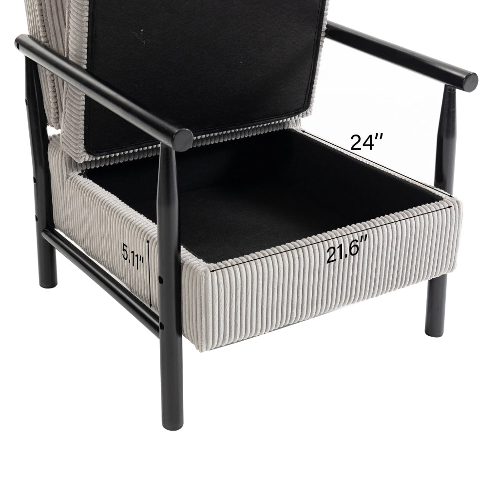 Poltrona contenitore in velluto grigio chiaro con struttura in legno e cuscino lombare