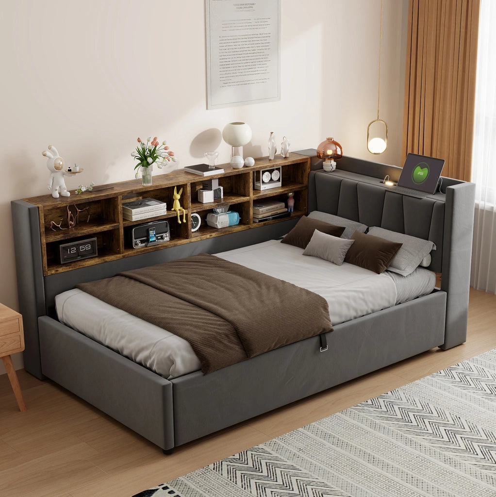 Letto imbottito con contenitore idraulico, testiera con luce e prese USB e Type-C, 90x200 cm